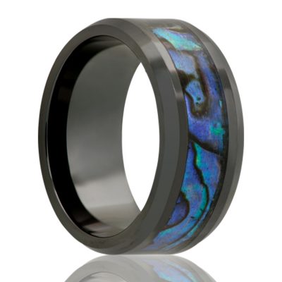 Beveled edge Black Diamond Ceramic ring all high polish with 4mm abalone inlay.