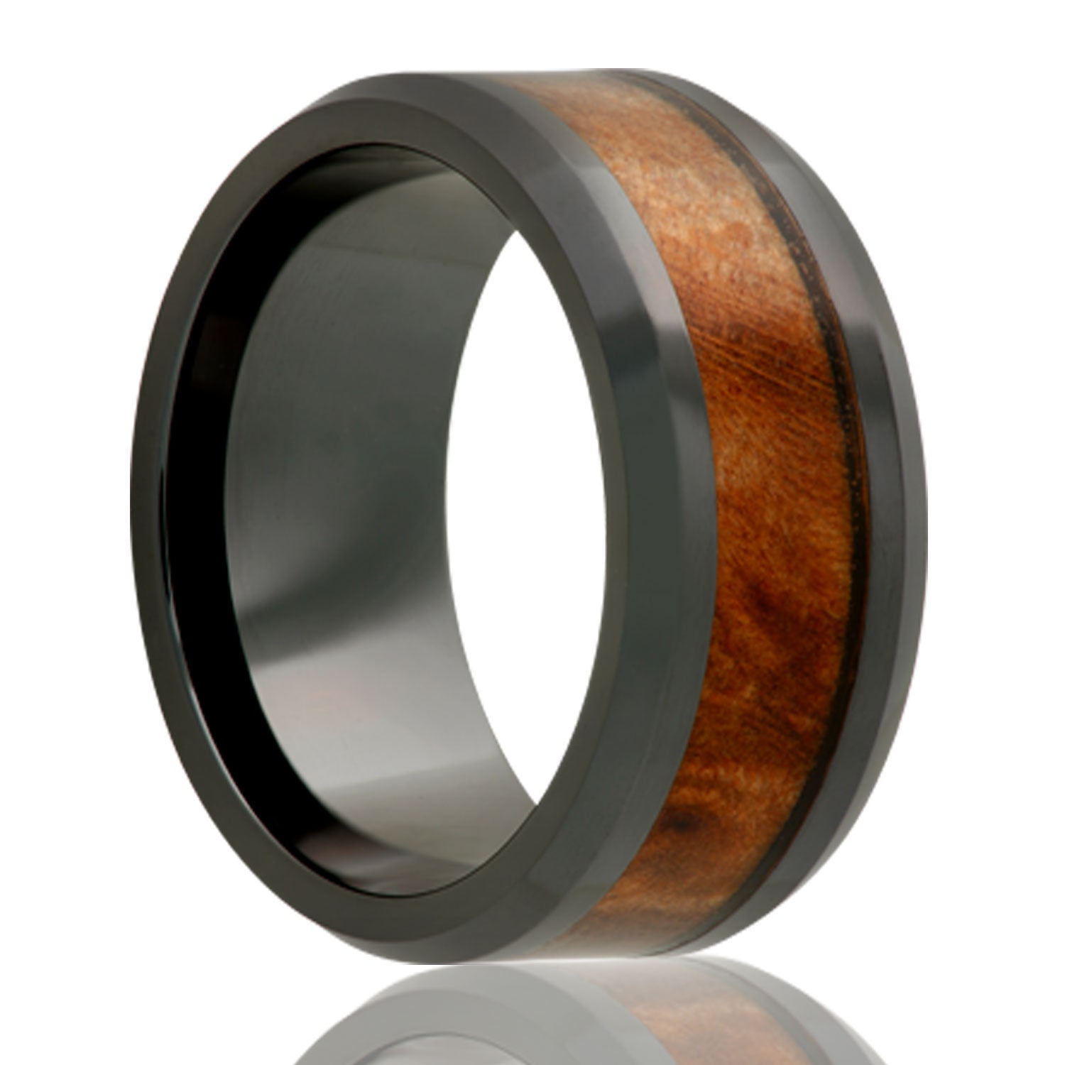 Beveled edge Black Diamond Ceramic ring all high polish with 4mm burl wood inlay.