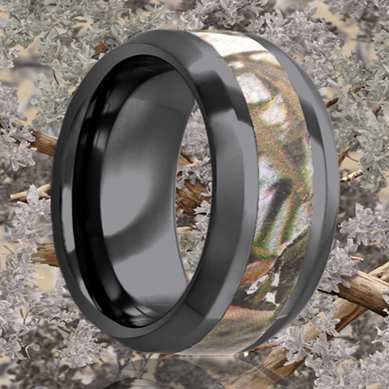 Beveled edge Black Diamond Ceramic ring all high polish with a 3mm camouflage inlay.
