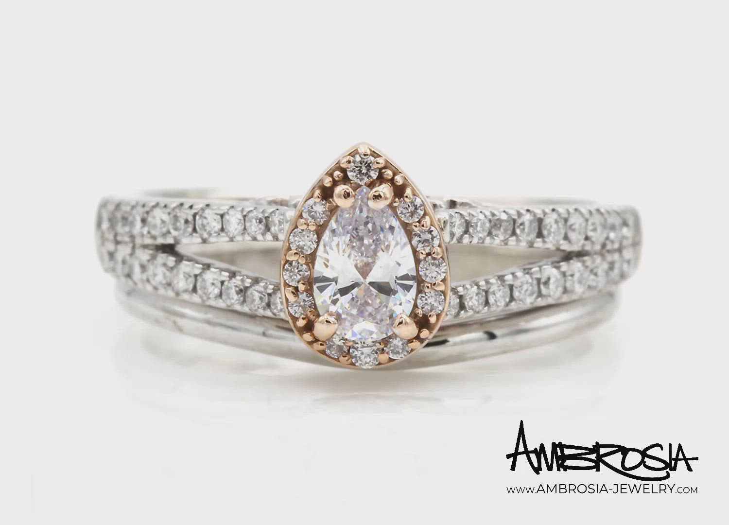 Rose Gold Pear Halo Split Diamond Engagement Ring