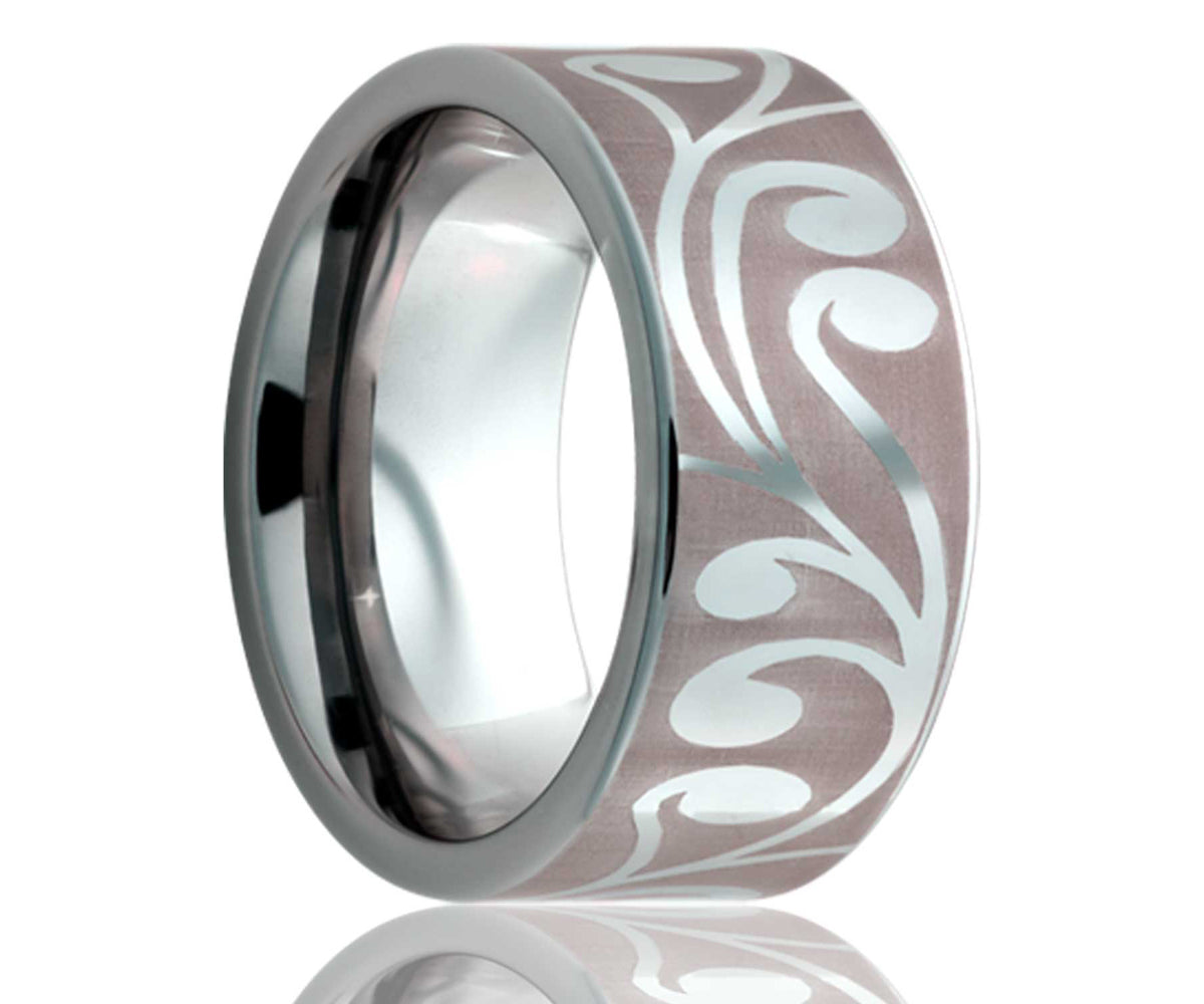 Titanium Flat Laser Engraved Swirl Ring 2