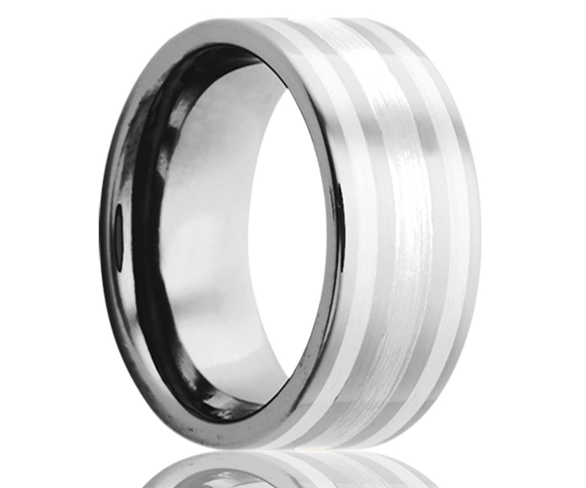 Men's Flat Tungsten Argentium Silver Inlay Wedding Ring