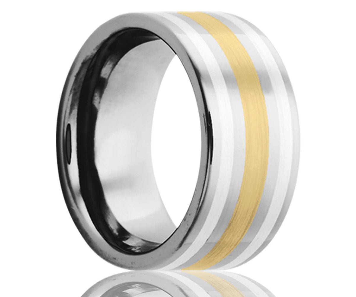 Men's Flat Tungsten Yellow Gold Inlay and Argentium Silver Inlays Wedding Ring