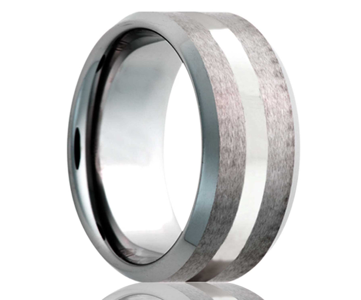 Men's Flat Tungsten Satin Finish Center and Platinum Inlay Wedding Ring