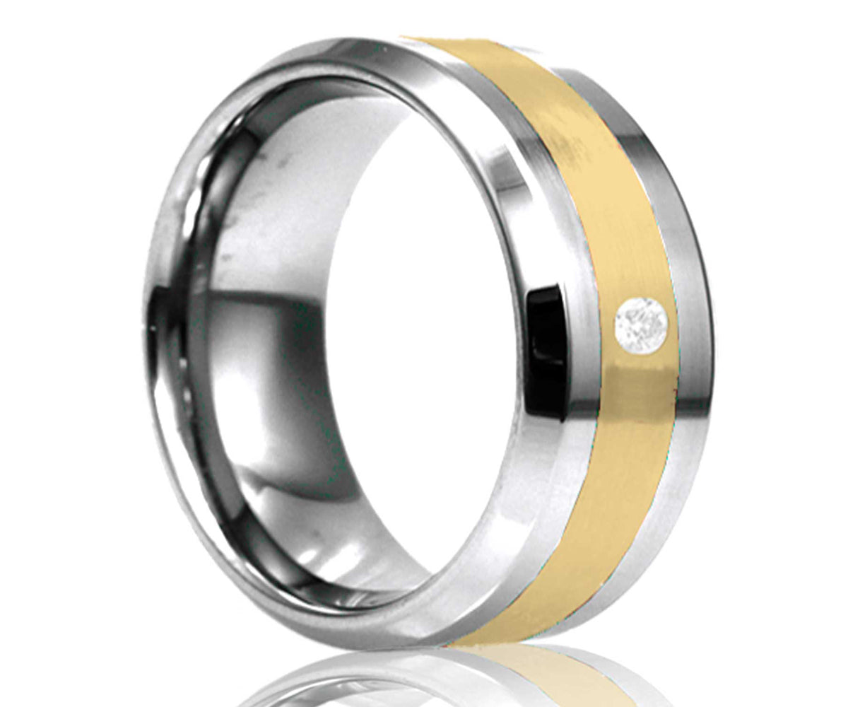 Men's Beveled Edge Tungsten 14k Yellow Gold Inlay And One Stone Wedding Ring