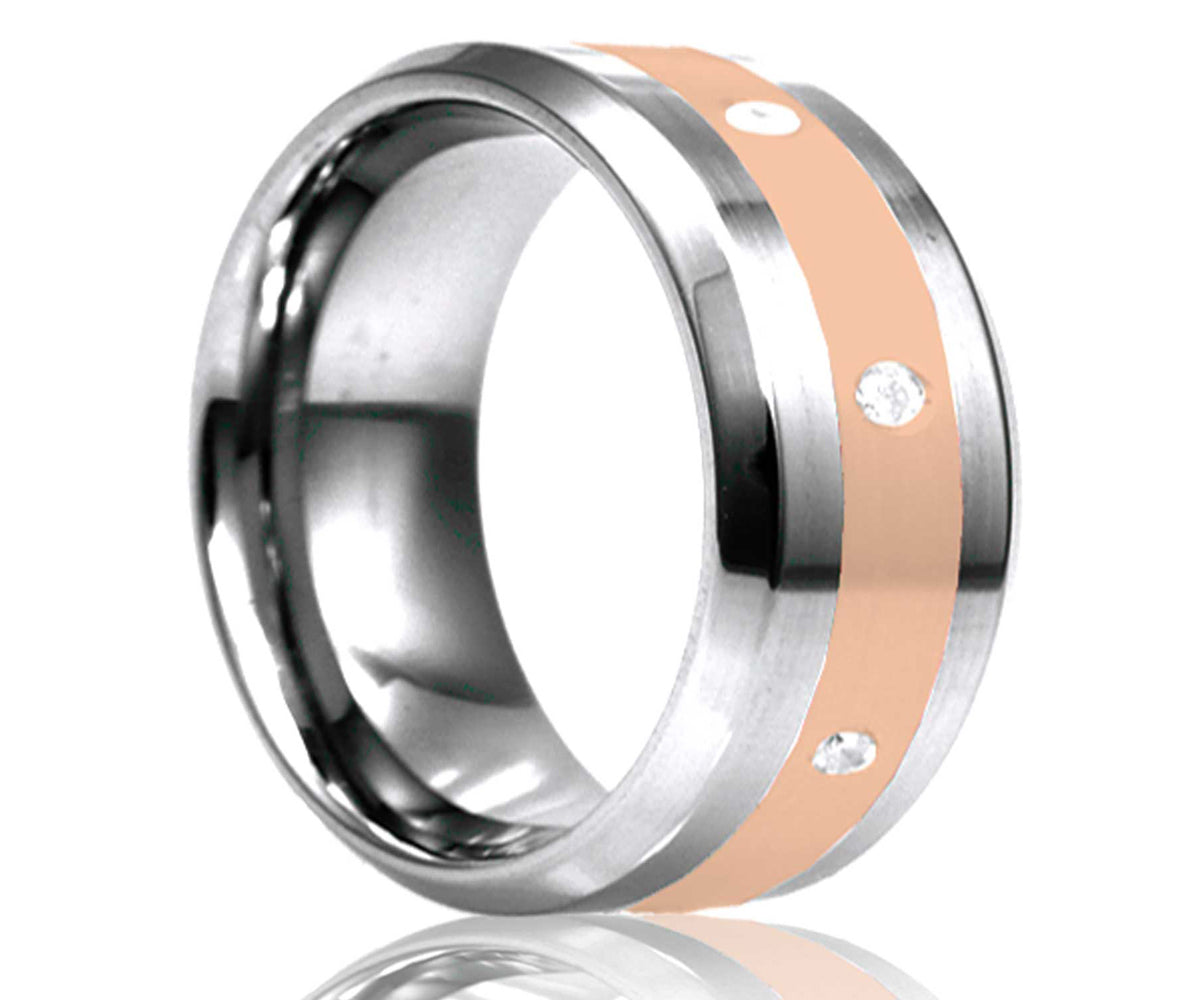 Men's Beveled Edge Tungsten 14k Rose Gold Inlay And Eight Stones Wedding Ring