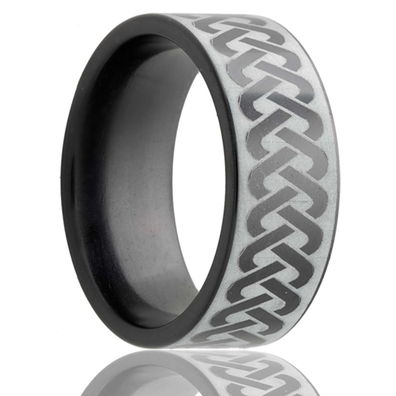 Flat Zirconium band, all high polish with a laser pattern.