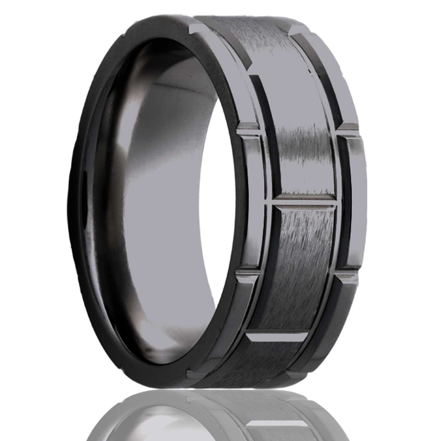 Men's Flat Zirconium ring with a milled pattern and a satin finish center Wedding Ring