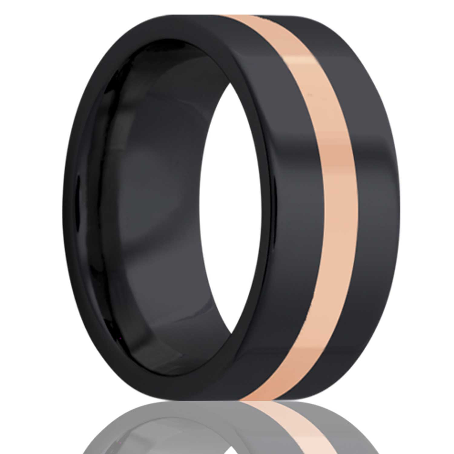 Men's Flat Zirconium band, all high polish with 2mm 14k rose gold inlay Wedding Ring