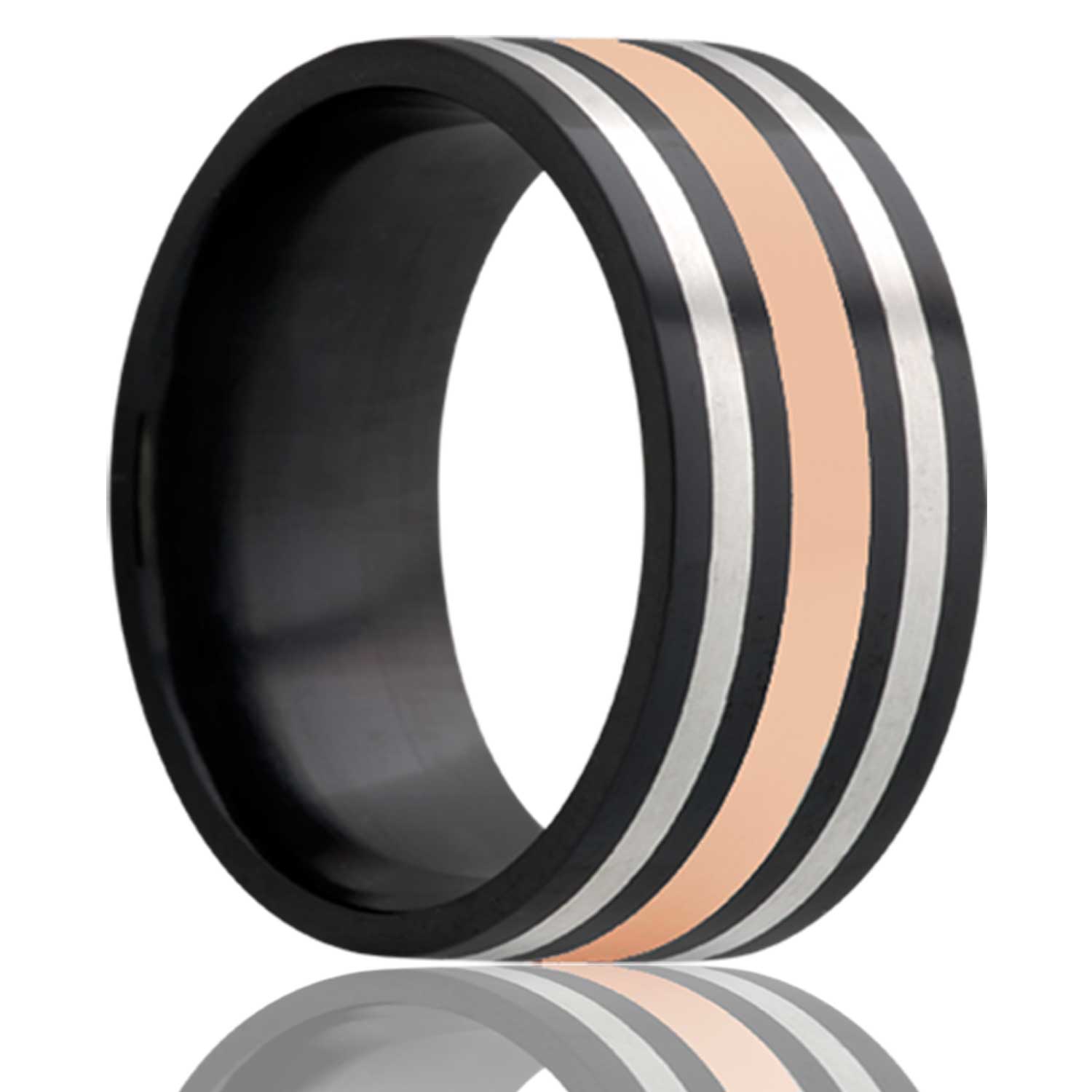 Men's Flat Zirconium band, all high polish with a 2mm 14k rose gold inlay and two 1mm argentium silver inlays Wedding Ring
