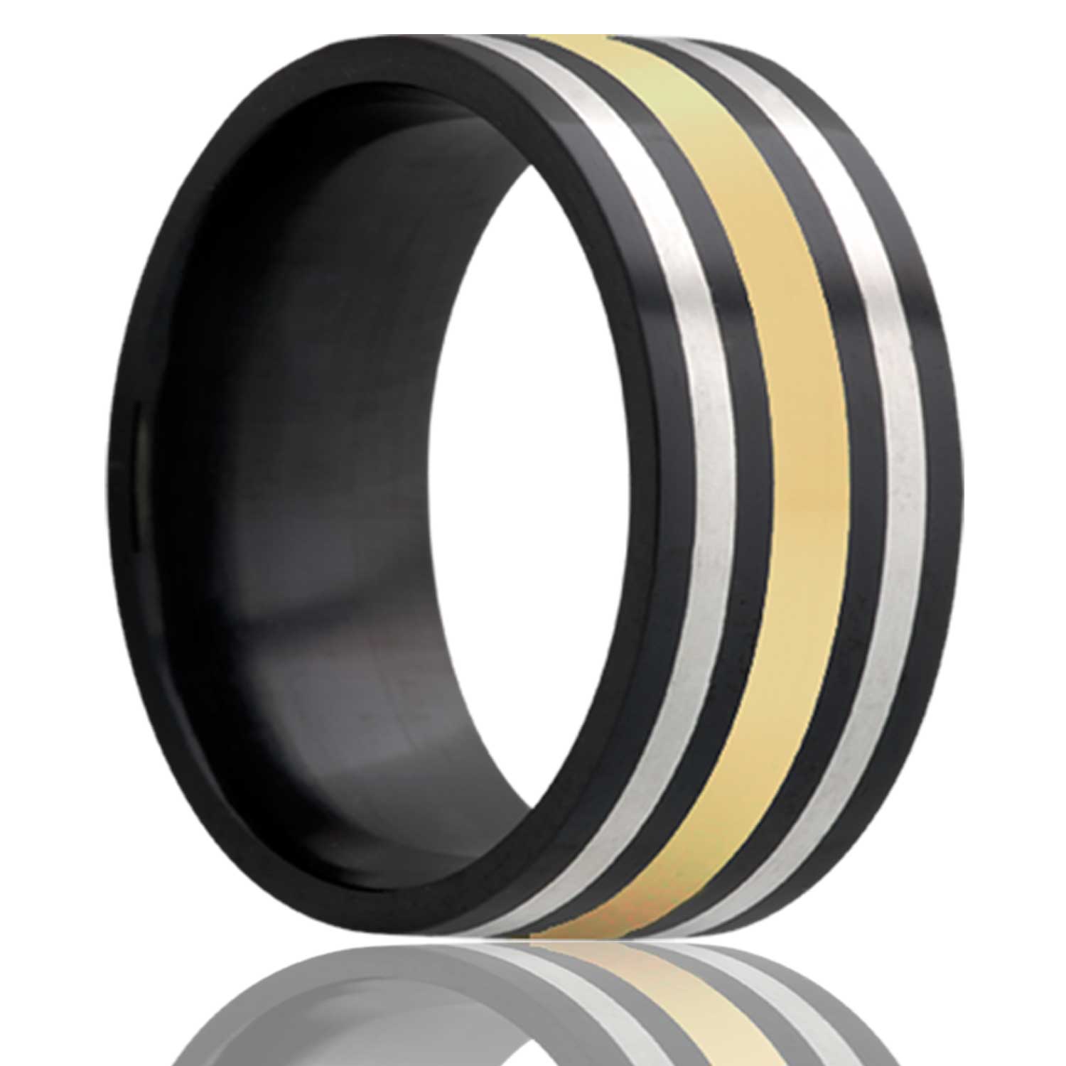 Men's Flat Zirconium band, all high polish with a 2mm 14k yellow gold inlay and two 1mm argentium silver inlays Wedding Ring