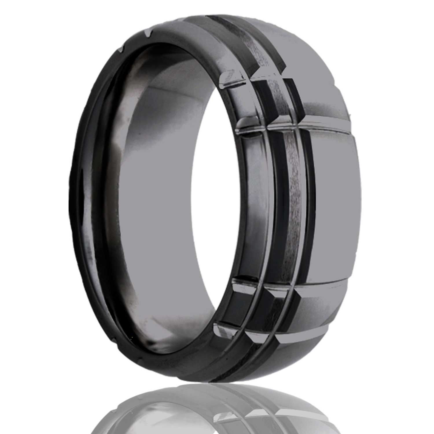 Men's Dome Zirconium ring with a milled pattern and a satin finish center Wedding Ring