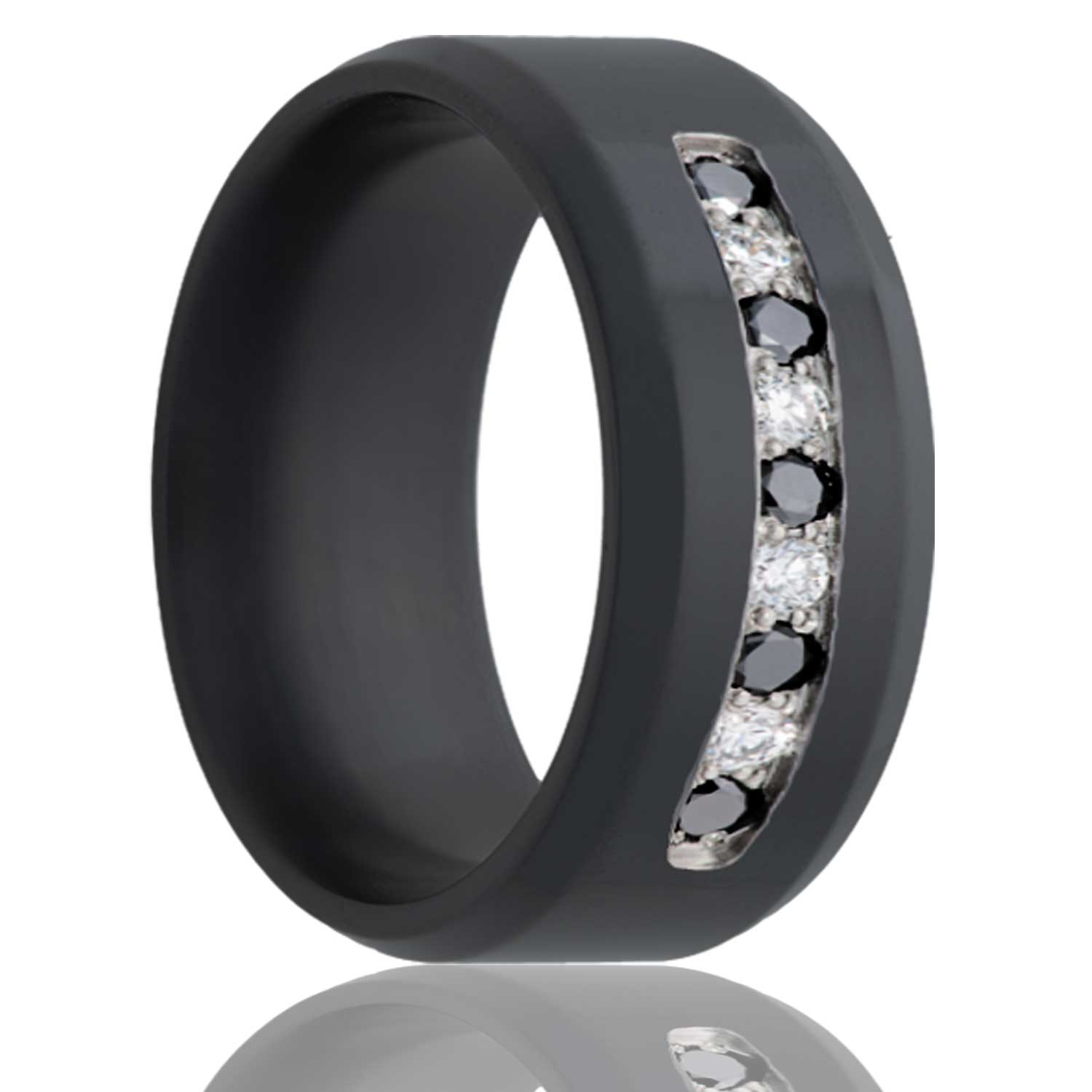 Black and White Diamond Black Zirconium Ring mens wedding band