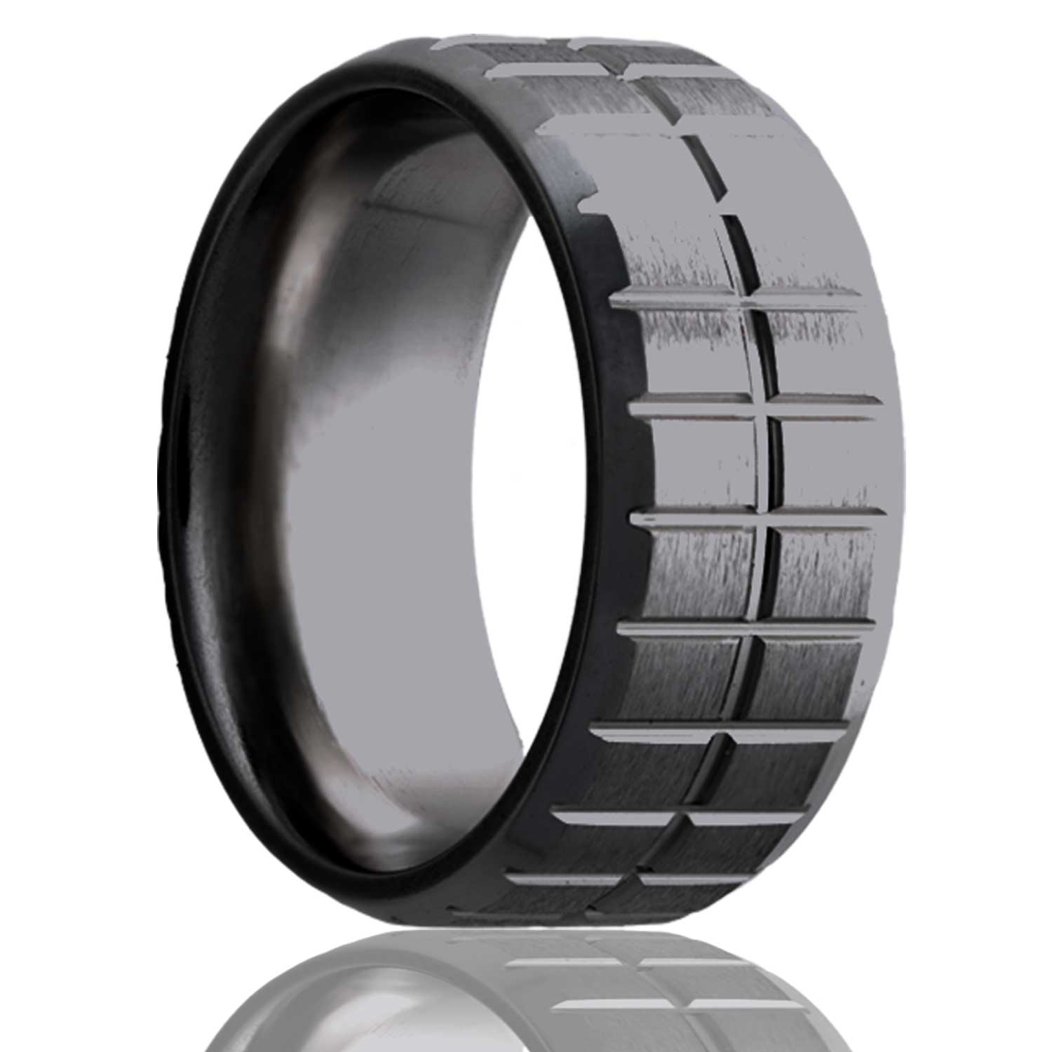 Men's Beveled edge Zirconium ring with a milled pattern and a satin finish center wedding ring