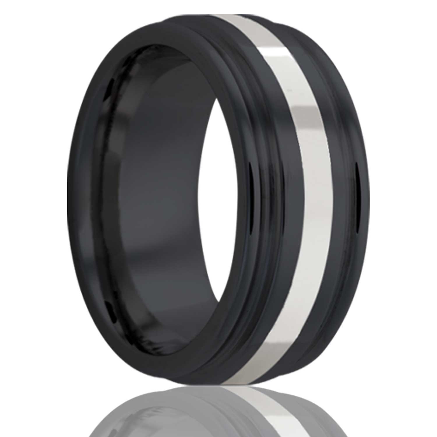 Double Grooved Edge Platinum Inlay Black Zirconium Ring mens wedding band