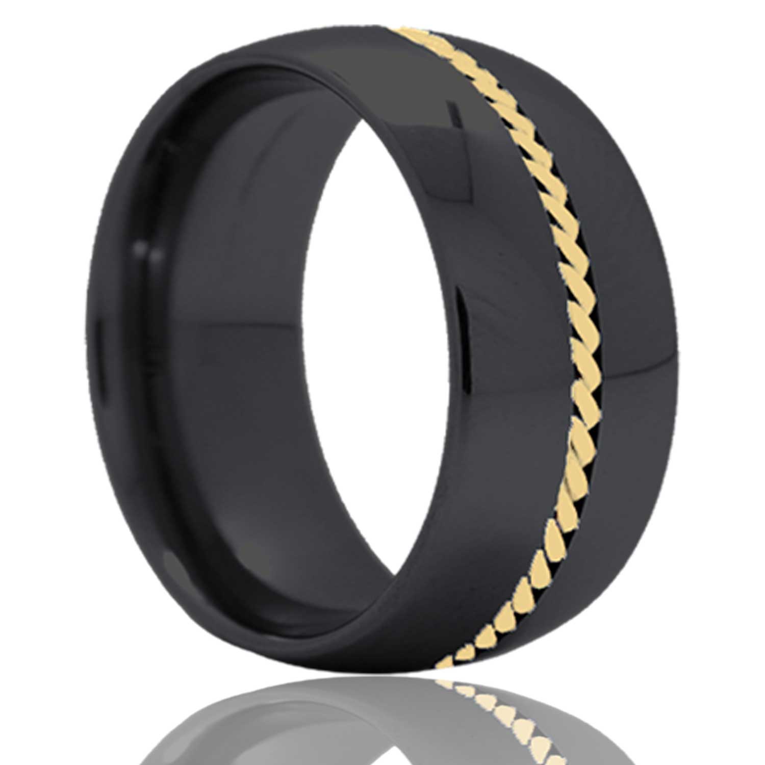 Men's Dome Zirconium band, all high polish with a 1mm hand woven 14k yellow gold inlay wedding ring