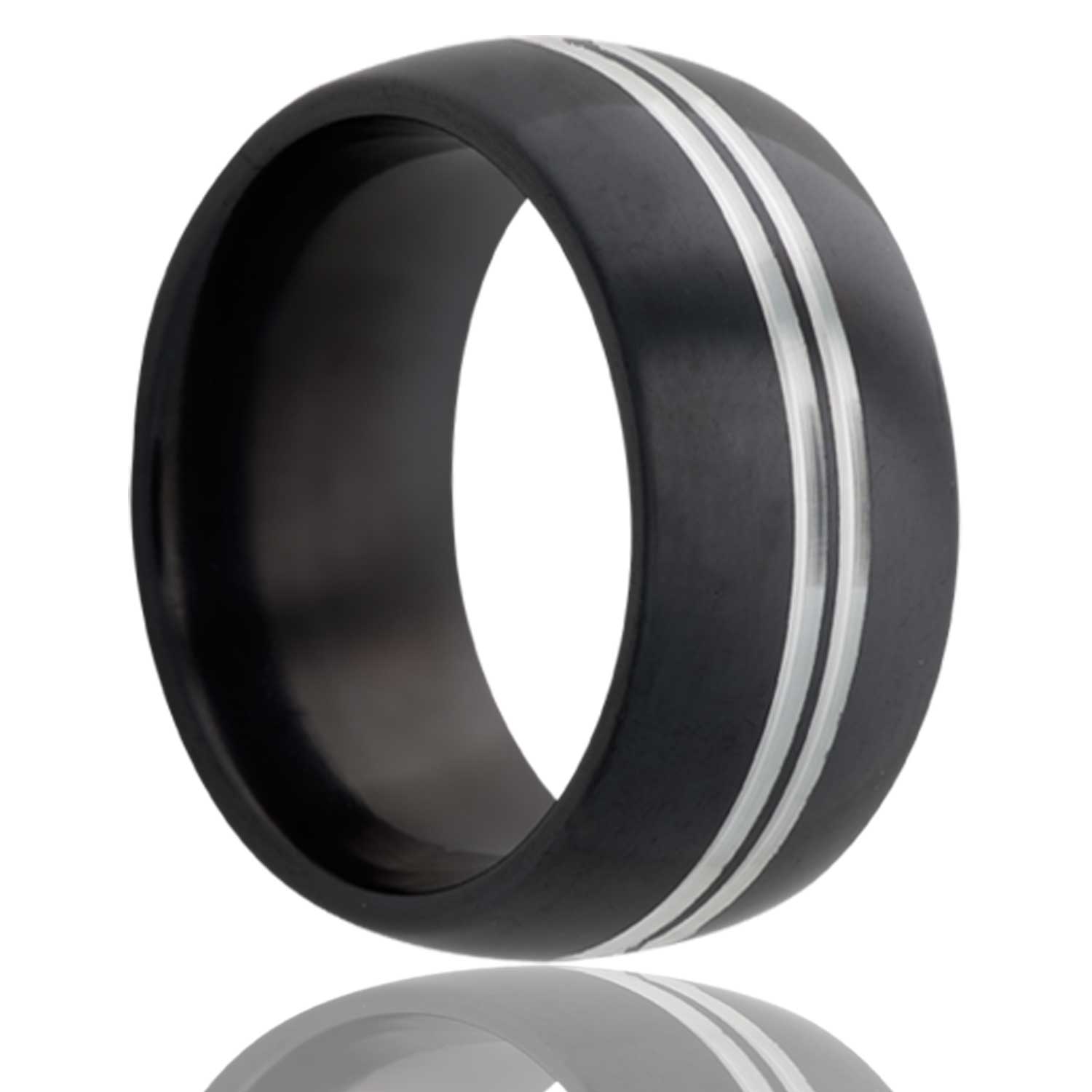 Men's Dome Zirconium ring with two polished grooves in the center wedding ring
