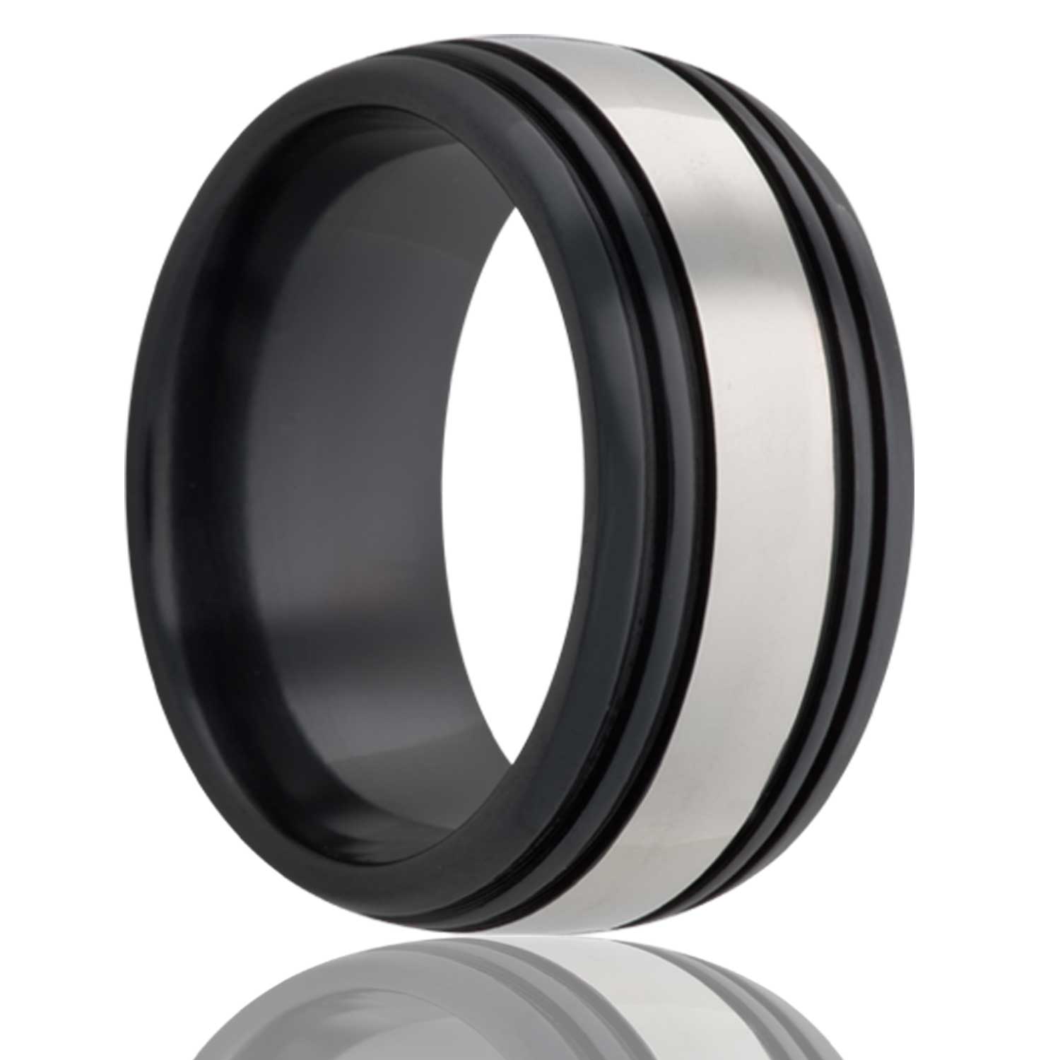 Men's Dome Zirconium ring with four grooves black with a polished center wedding ring
