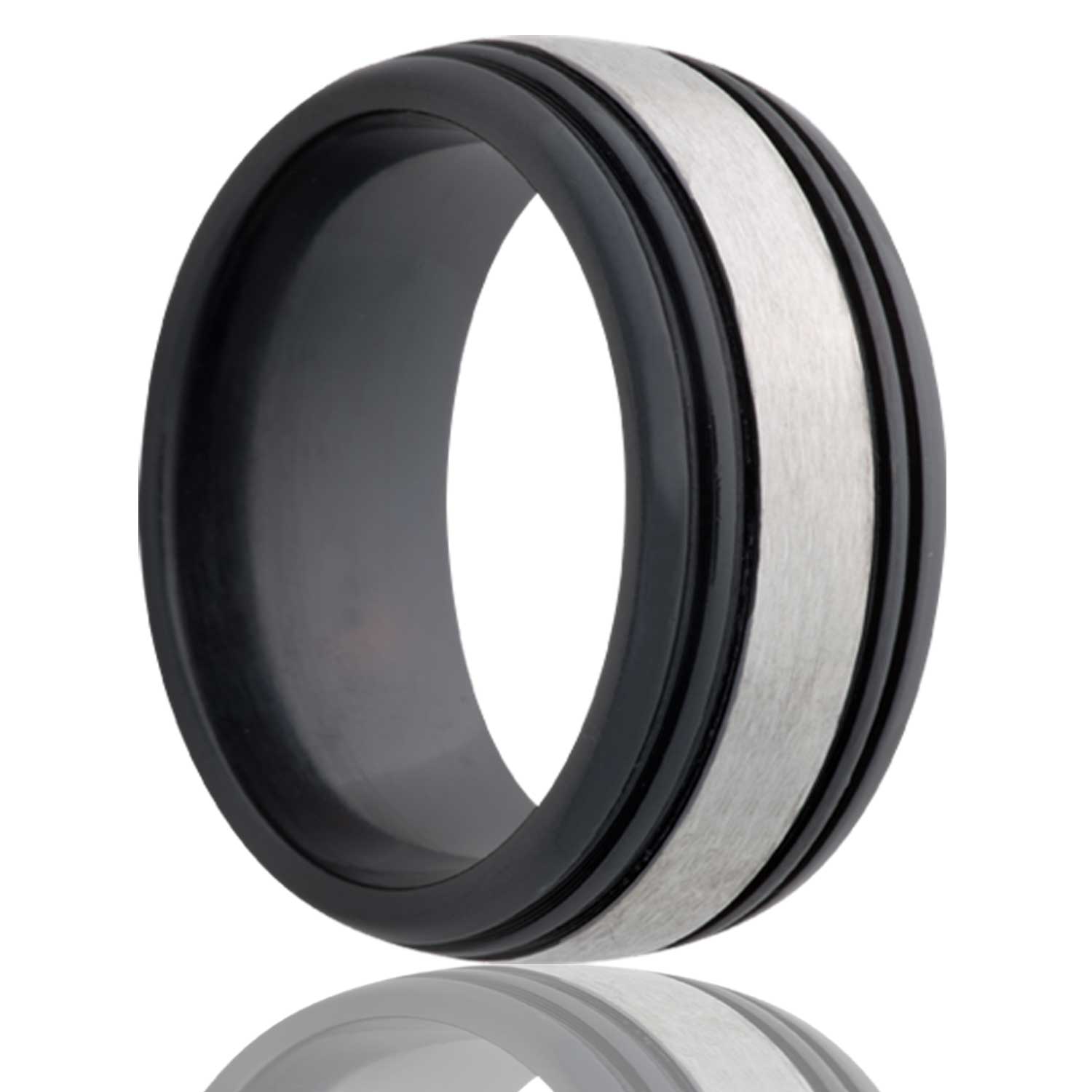 Men's Dome Zirconium ring with four grooves black with a satin finish center wedding ring