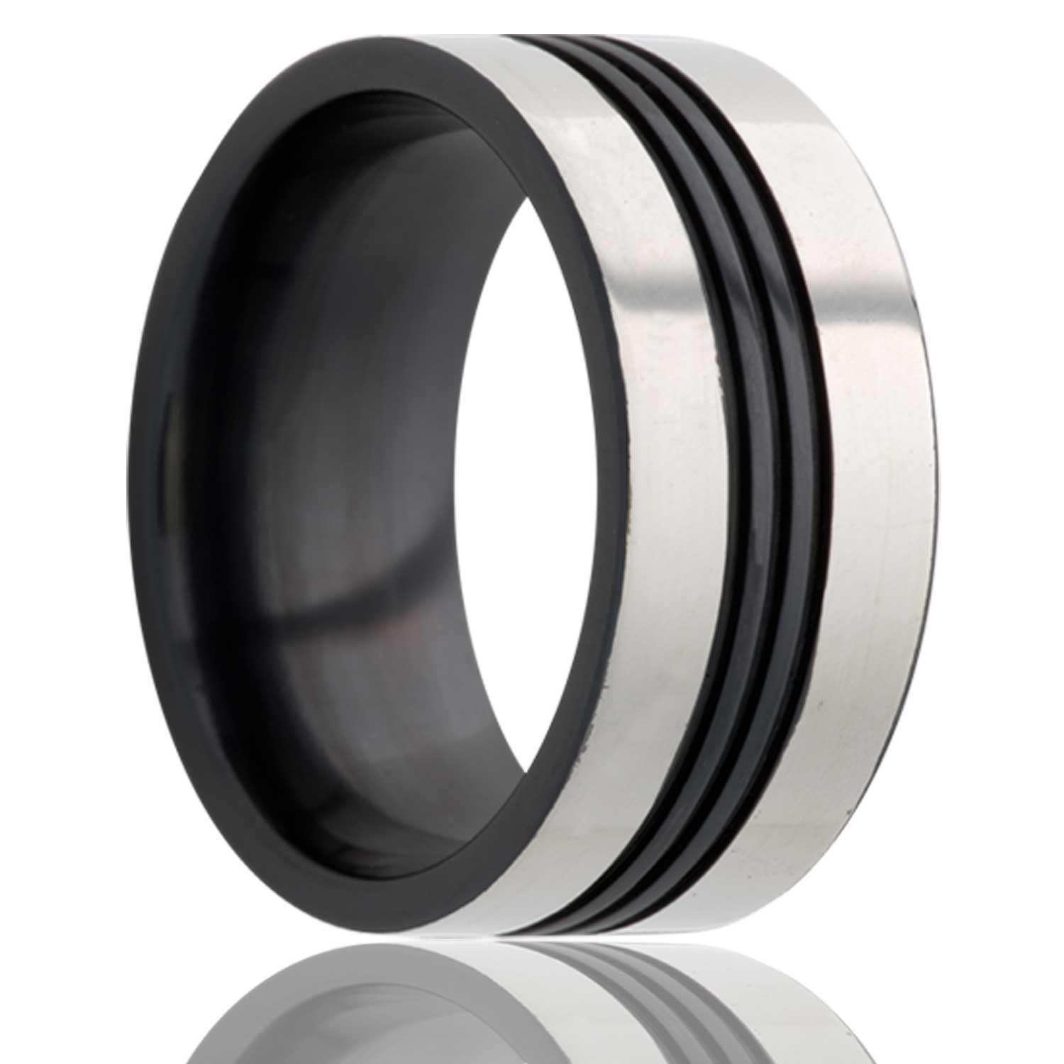 Men's Flat Zirconium ring with three grooves black with polished edges wedding ring