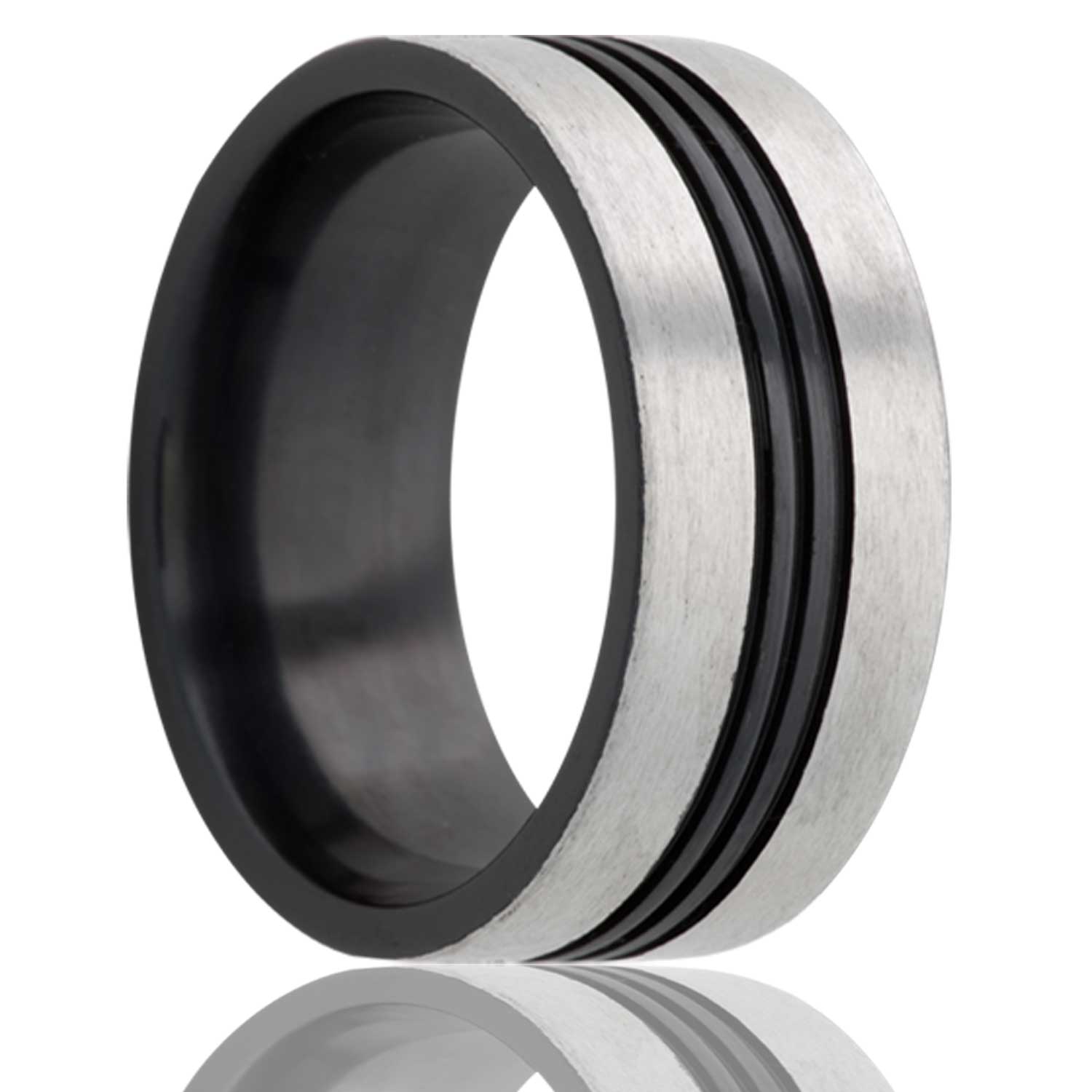 Men's Flat Zirconium ring with three grooves black with satin finish edges wedding ring