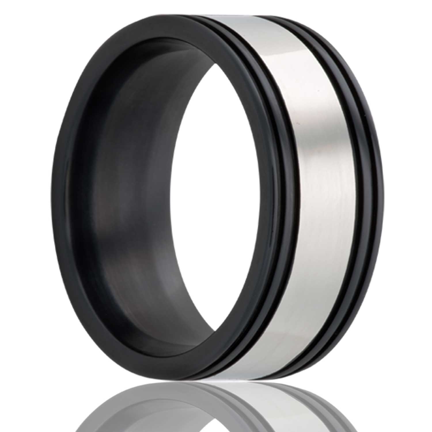 Men's Flat Zirconium ring with four grooves black with a polished center wedding ring