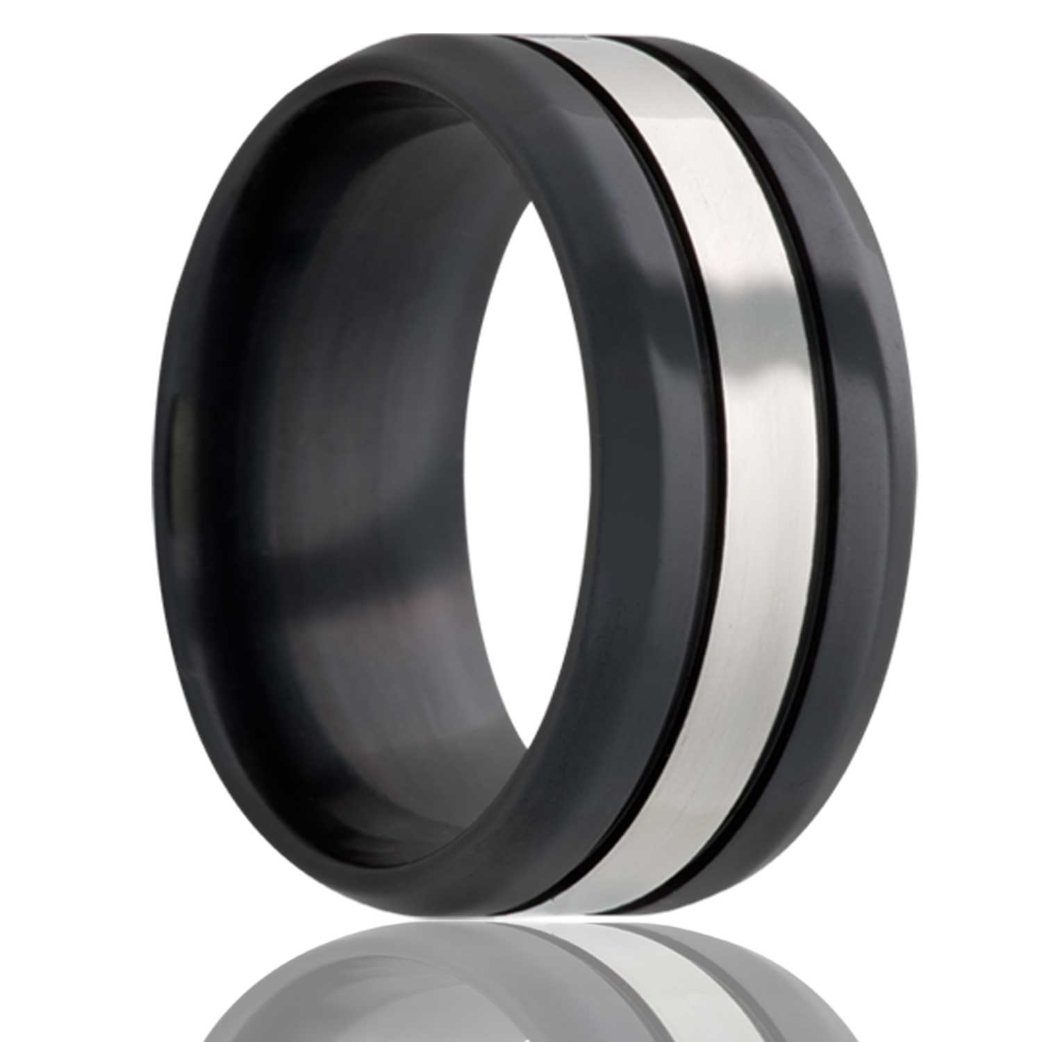 Double Groove Silver Center Black Zirconium Ring mens wedding ring