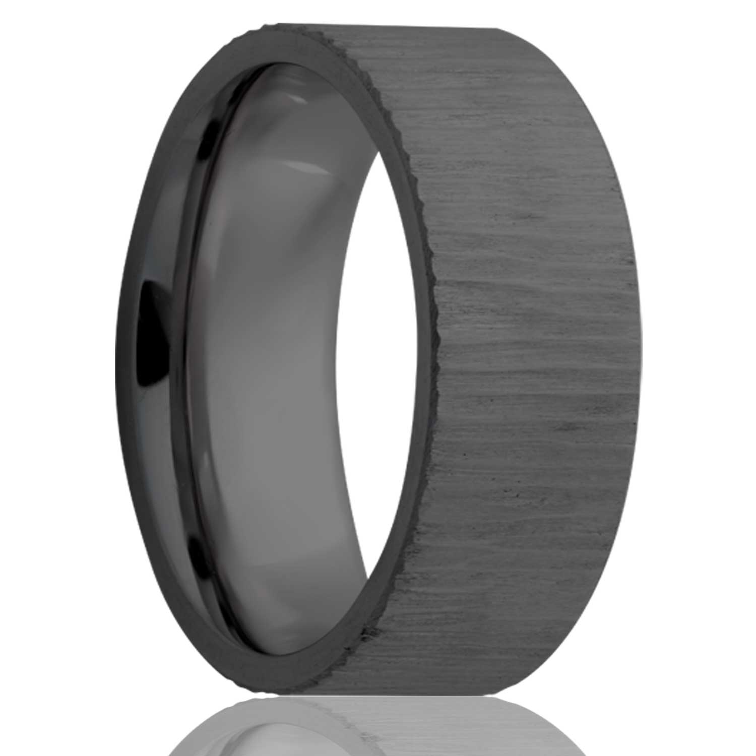 Men's Flat Zirconium band, Tree bark finish on top wedding ring