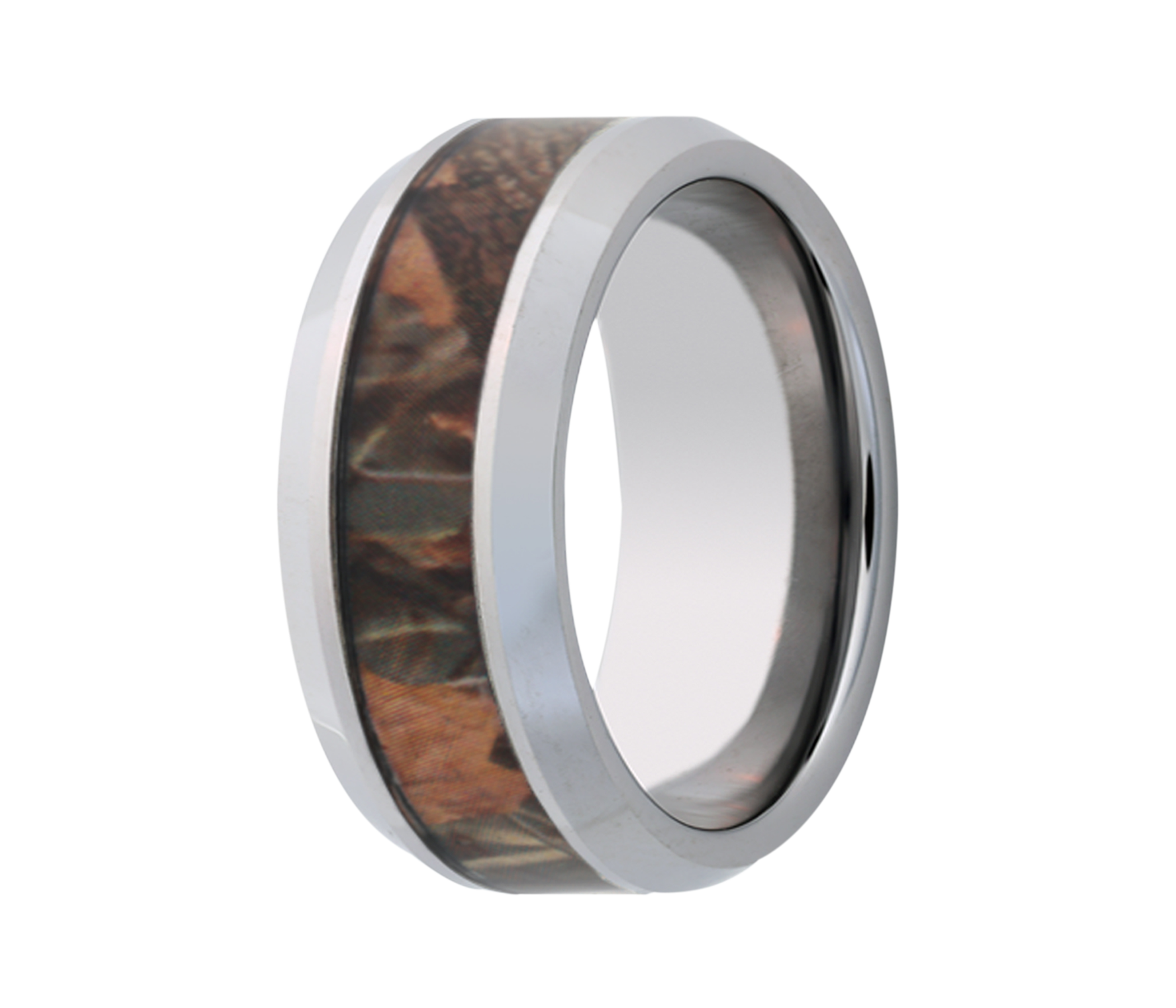 Titanium Timber Leaf Camo Inlay Beveled Edge Ring