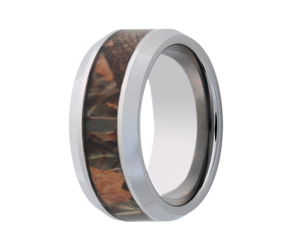 Titanium Timber Leaf Camo Inlay Beveled Edge Ring