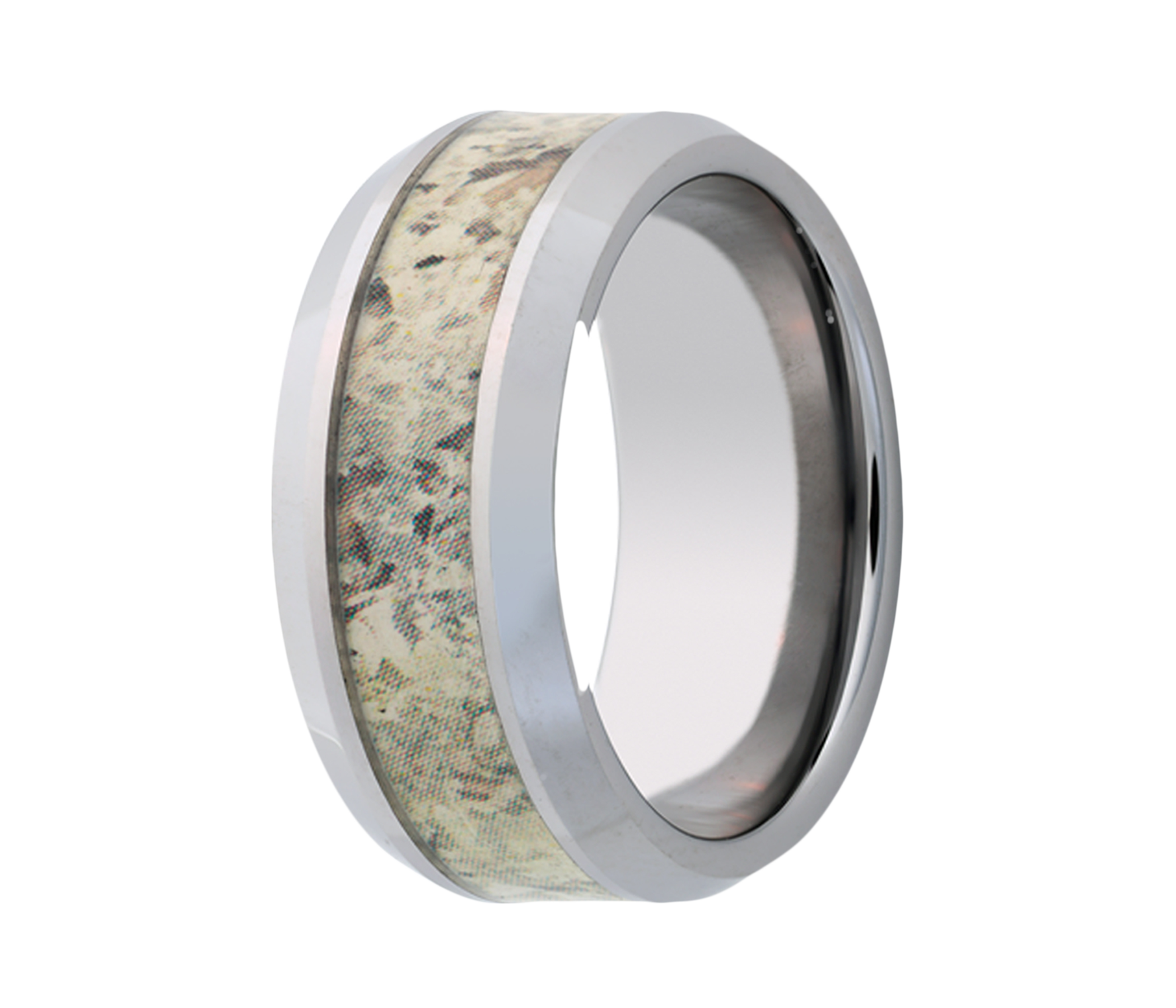 Titanium Snow Shadow Camo Inlay Beveled Edge Ring