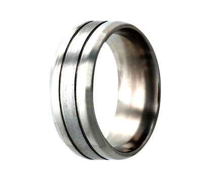 Titanium Double Grooved Satin Beveled Ring