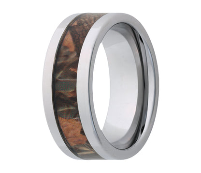 Tungsten Camo Timber Leaf Flat Edge Ring