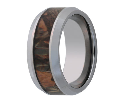 Tungsten Camo Timber Leaf Beveled Edge Ring