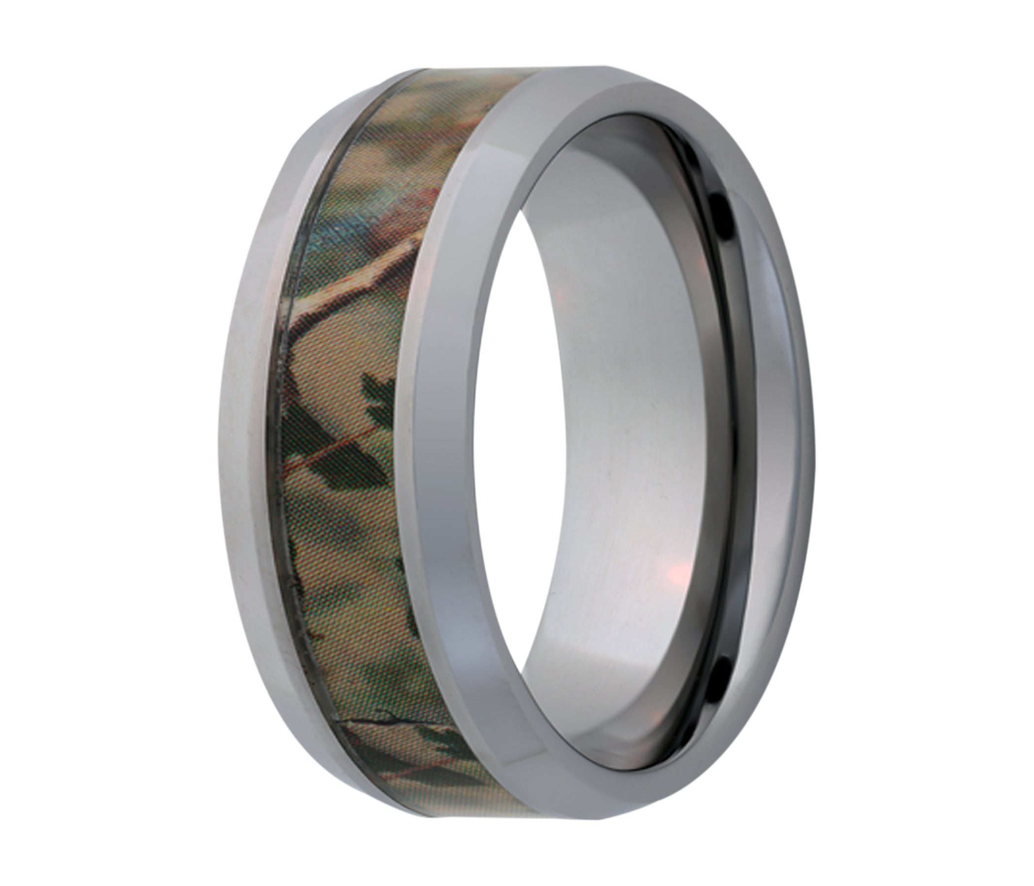 Tungsten Camo Pine Tree Beveled Edge Ring