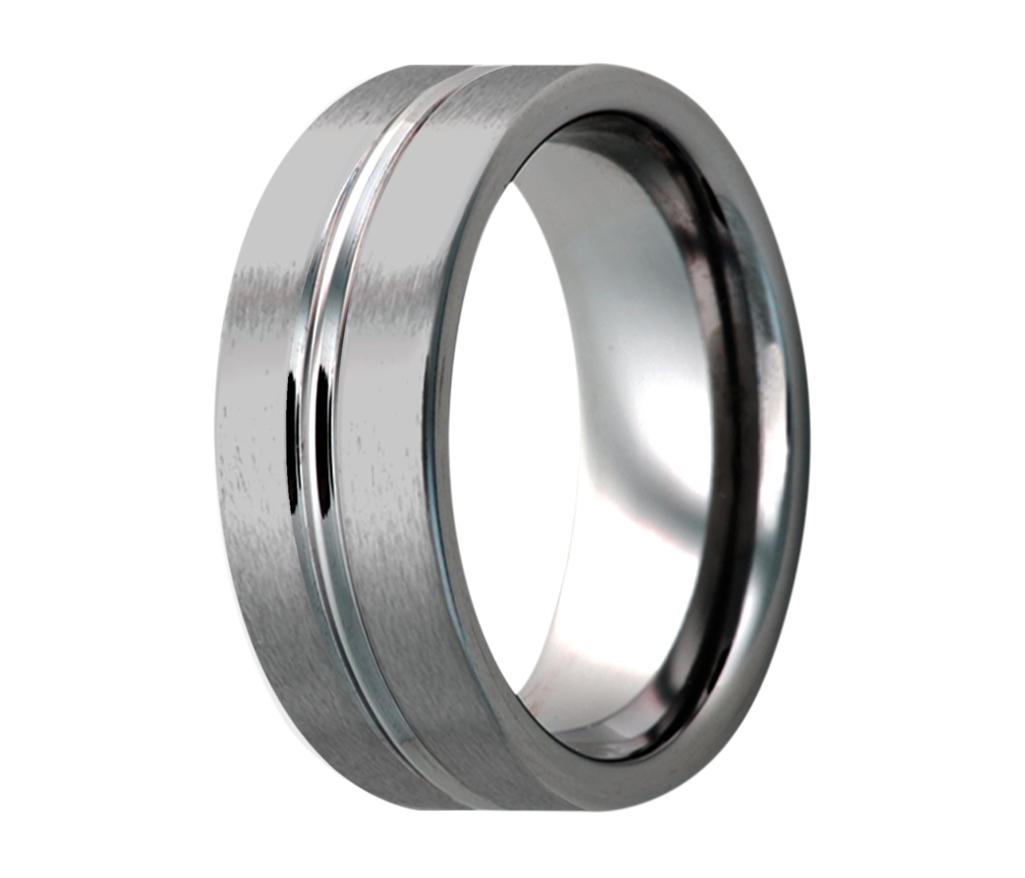 Tungsten Double Center Groove Flat Edge Satin Ring