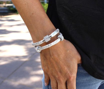 Double Wrap Swarovski Crystals White Leather Bracelet