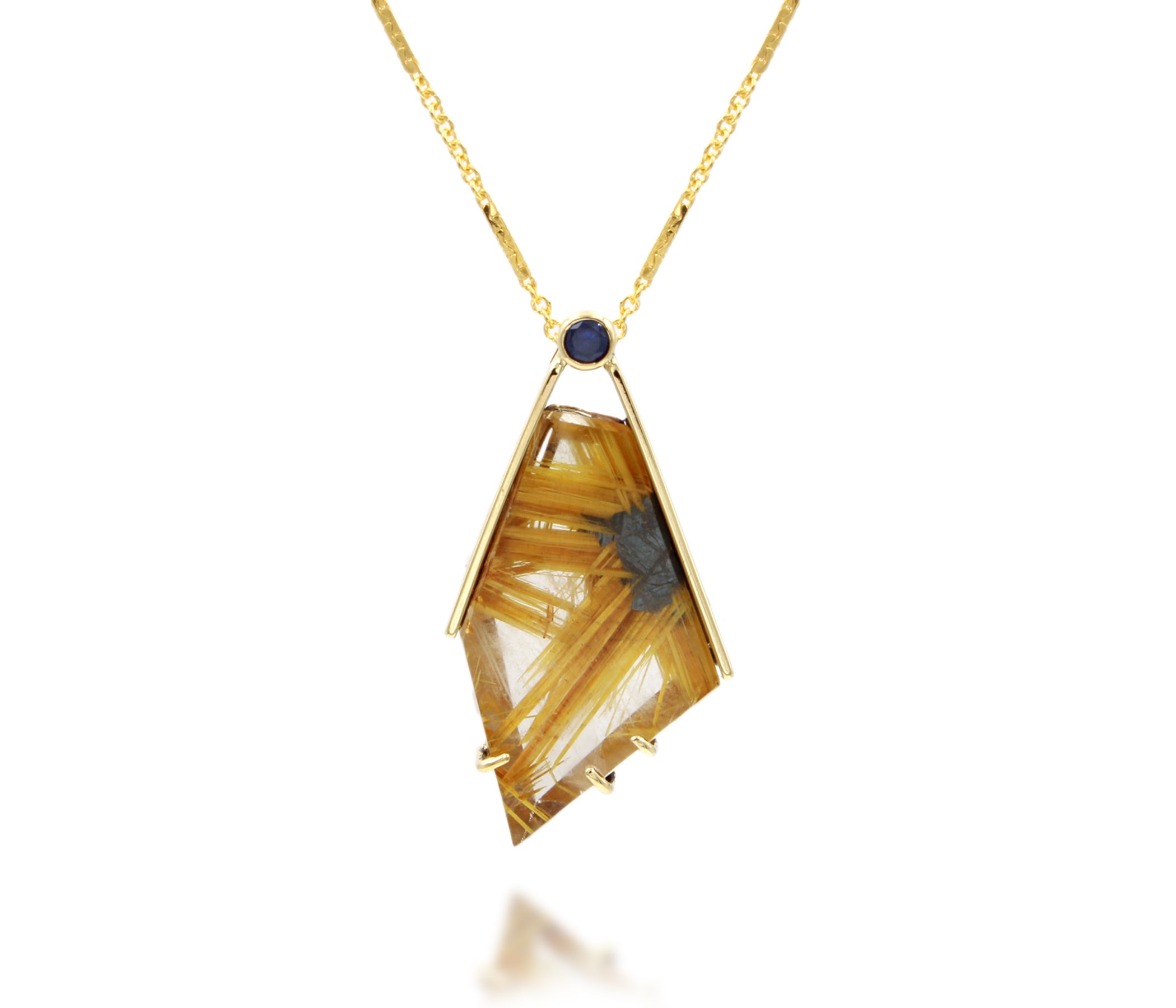 Angular Rutilated Quartz Sapphire Gold Necklace