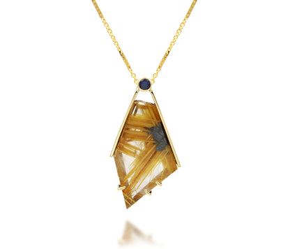 Angular Rutilated Quartz Sapphire Gold Necklace
