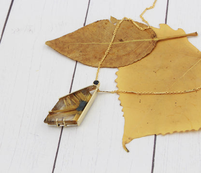 Angular Rutilated Quartz Sapphire Gold Necklace