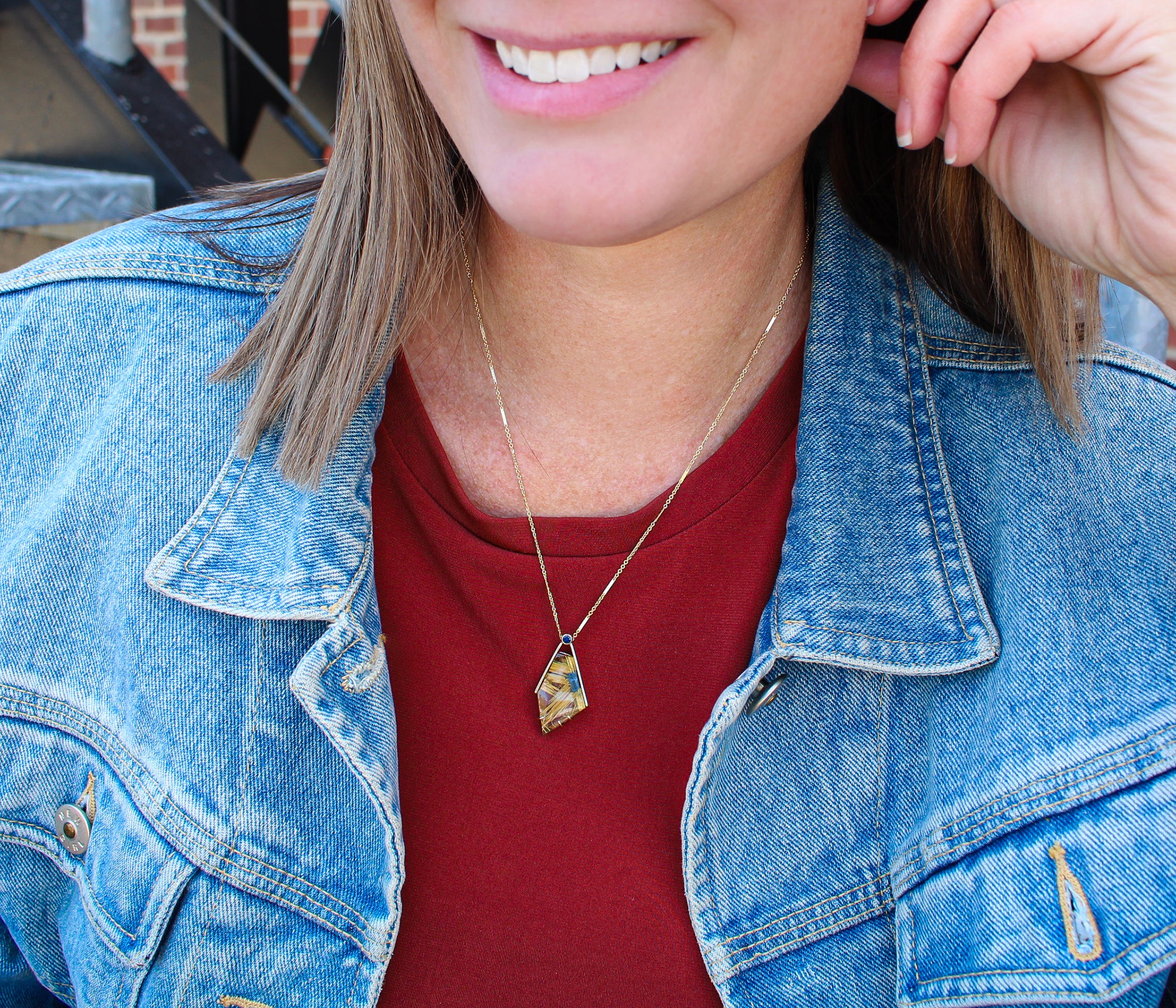 Angular Rutilated Quartz Sapphire Gold Necklace
