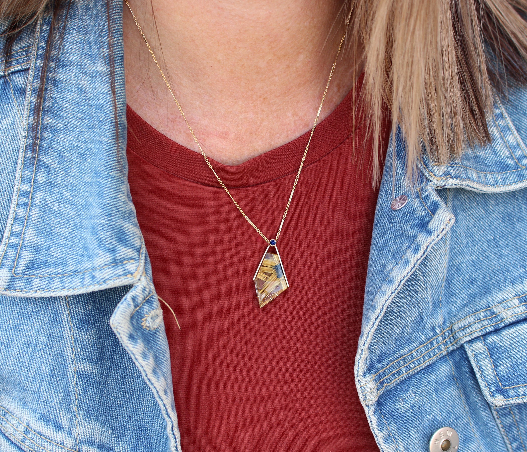 Angular Rutilated Quartz Sapphire Gold Necklace