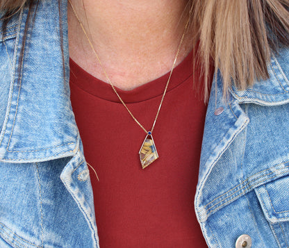Angular Rutilated Quartz Sapphire Gold Necklace