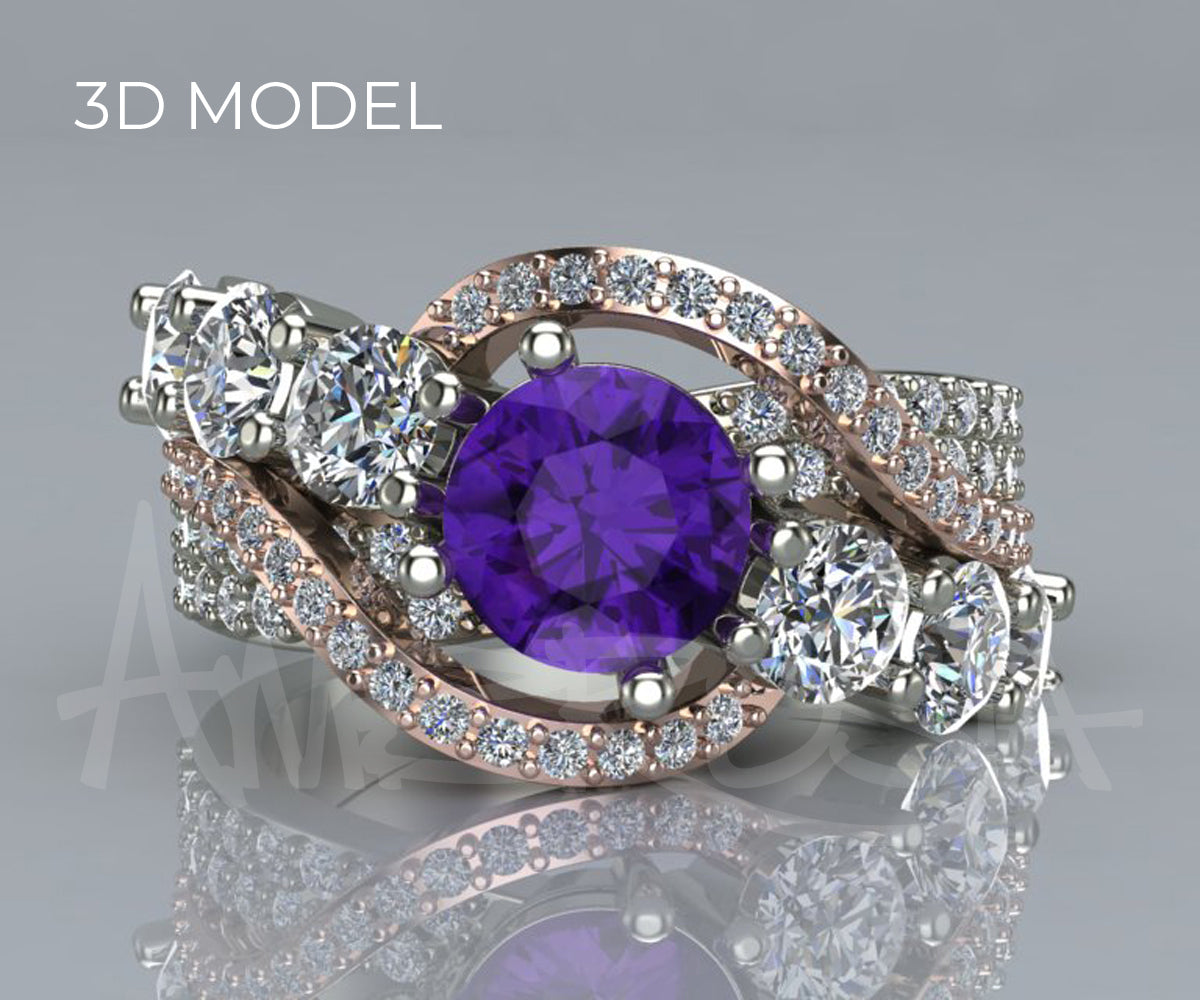 Amethyst Diamond Swirl Rose Gold Ring