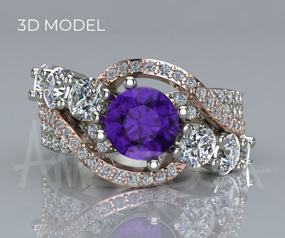 Amethyst Diamond Swirl Rose Gold Ring