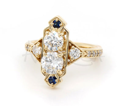 Custom Art Deco Diamond Sapphire Wedding Ring