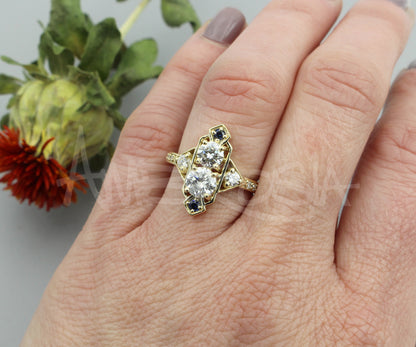 Custom Art Deco Diamond Sapphire Wedding Ring