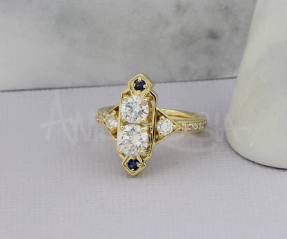 Custom Art Deco Diamond Sapphire Wedding Ring