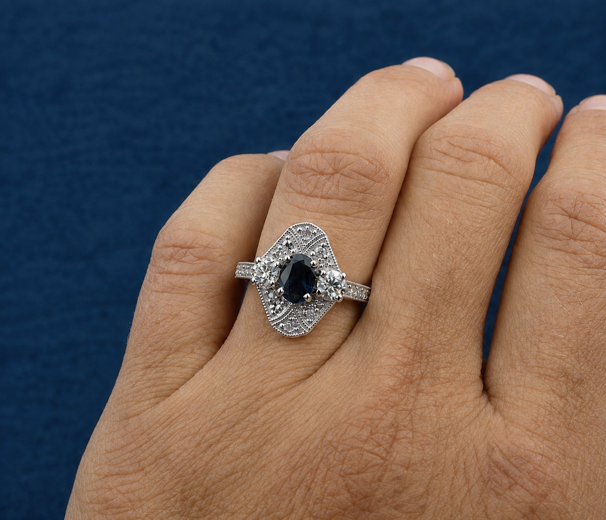 Art Deco Blue Sapphire Diamond Vintage Ring