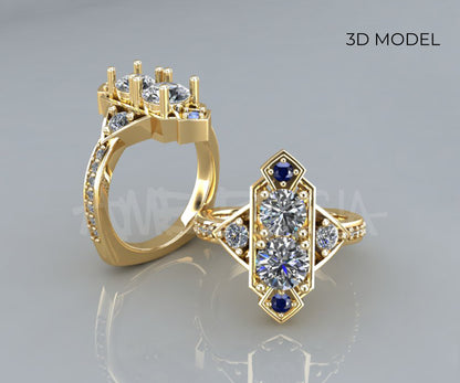 Custom Art Deco Diamond Sapphire Wedding Ring